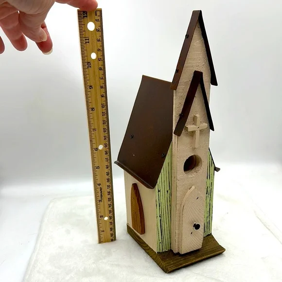 Church Wooden & Metal BirdHouse Decoration - Picture 1 of 8